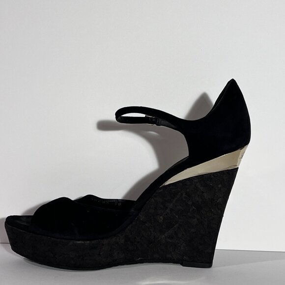 Gucci by Tom Ford Cork Wedge Black Suede Silver Logo Heels Sz 8 - Picture 9 of 16